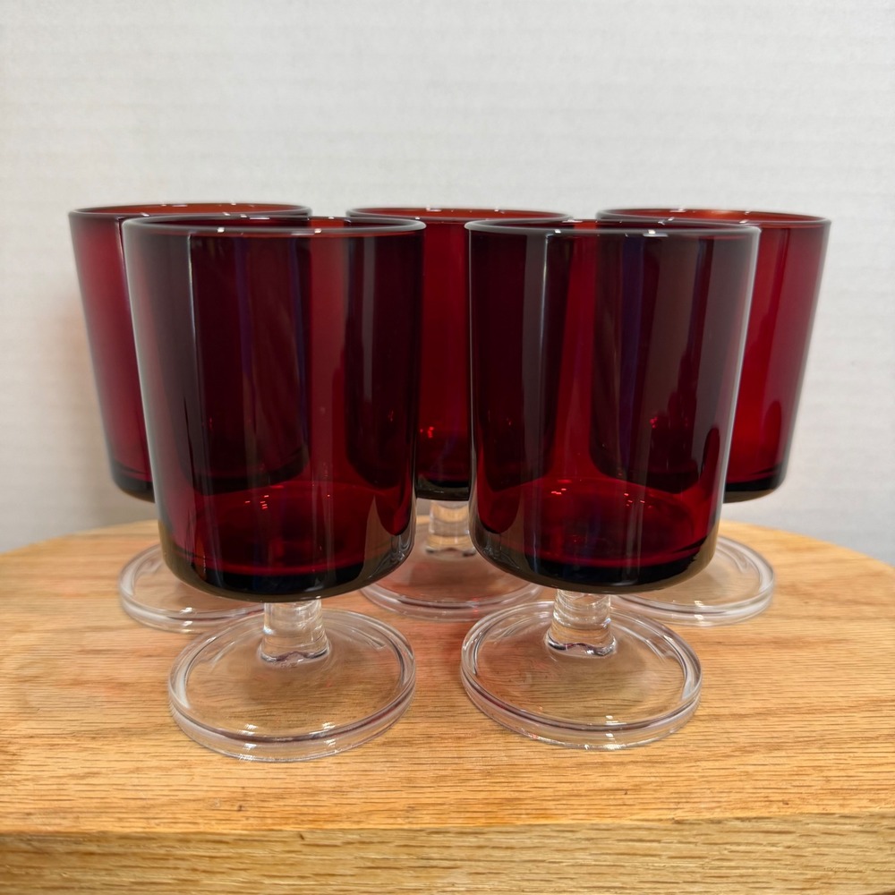 Luminarc Cavalier Ruby Red Glass Set 5 Vintage 4" Footed Water Wine France 1970s